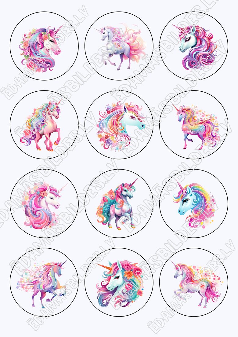 Cukura papīrs ar apdruku "Vienradzis" kapkeiku aplīši 6 cm